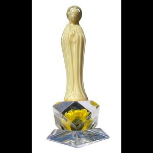 VTG Bircraft Plastic Praying Madonna Lucite Flower Base Hand Carved Yellow Rose